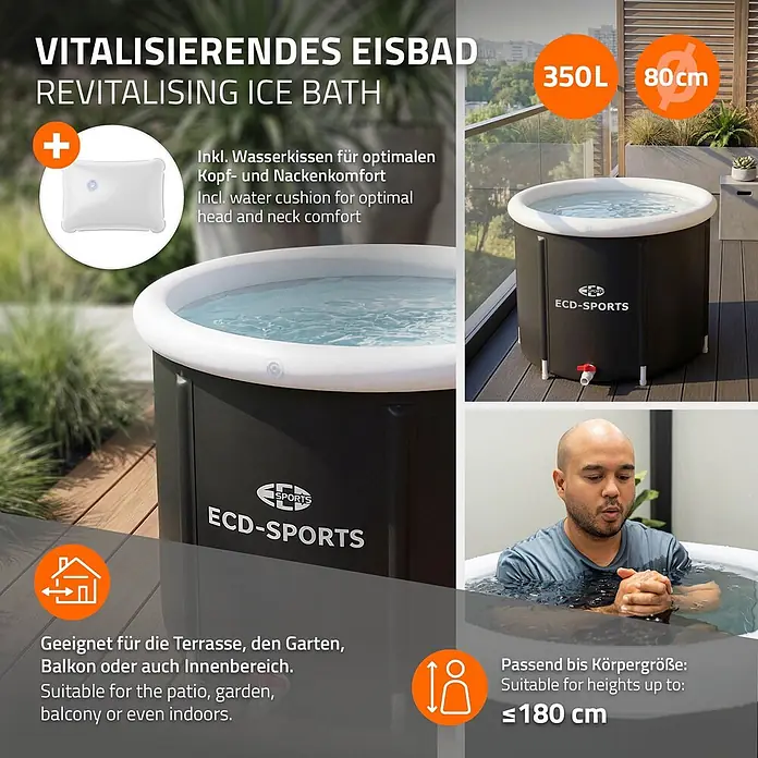 ECD Germany Quick-Up-Pool Eistonne - L x B x H: 80 x 80 x 75 cm, Ø x H: 80 x 75 cm, Schwarz, Weiß, 350 l - Schwarzes portables Eisbad mit weißem, aufblasbarem Rand, mit Wasser gefüllt, auf einer Terrasse.