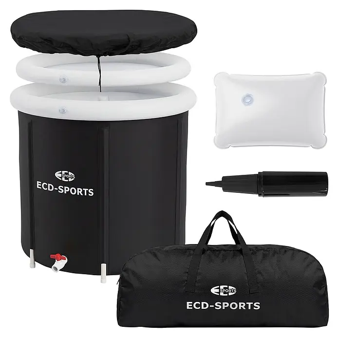 ECD Germany Quick-Up-Pool Eistonne - L x B x H: 80 x 80 x 75 cm, Ø x H: 80 x 75 cm, Schwarz, Weiß, 350 l - Schwarze faltbare tragbare Badewanne mit weißem aufblasbaren Oberteil, Abdeckung, Pumpe, aufblasbarem Kissen und Tragetasche.