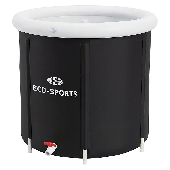 ECD Germany Quick-Up-Pool Eistonne - L x B x H: 80 x 80 x 75 cm, Ø x H: 80 x 75 cm, Schwarz, Weiß, 350 l - Schwarze faltbare Badewanne mit aufblasbarem weißem Rand, ECD-SPORTS Logo und Ablassventil.
