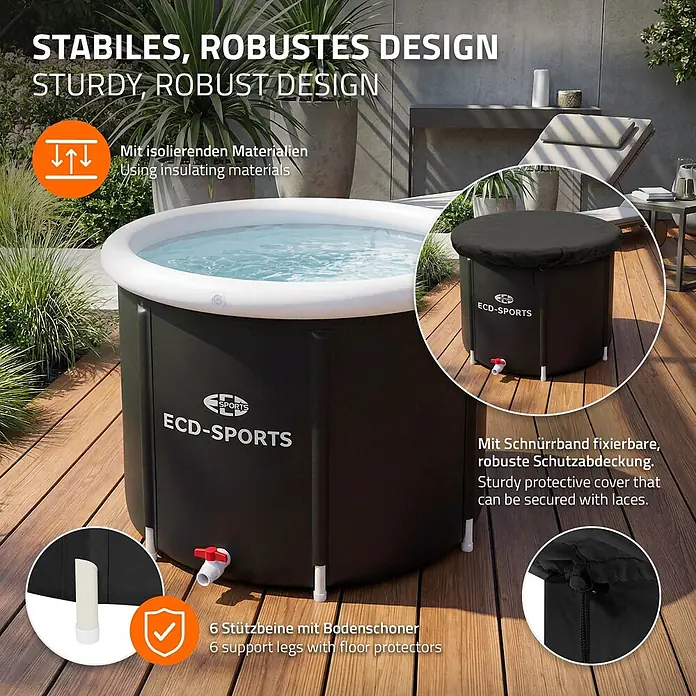 ECD Germany Quick-Up-Pool Eistonne - L x B x H: 80 x 80 x 75 cm, Ø x H: 80 x 75 cm, Schwarz, Weiß, 350 l - Schwarzer tragbarer Whirlpool/Eisbad, weißer Rand, mit Wasser gefüllt, auf Holzterrasse, inkl. Details von Schutzabdeckung und Stützbeinen.
