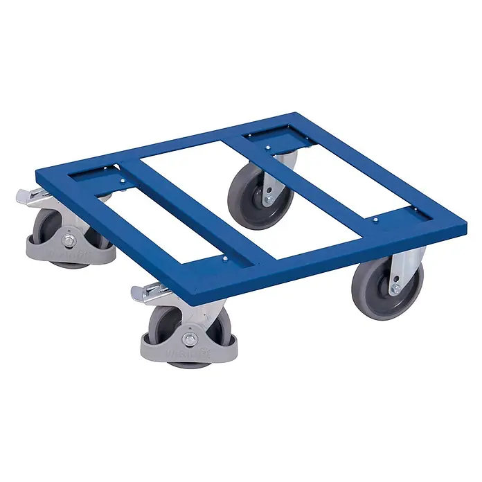 Variofit Transportroller Kistenroller mit offenem Boden und Radfeststeller 500x500mm RAL 5010 Enzian -  - Blaue Metallplattformrolle mit vier Lenkrollen, zwei davon mit Bremsen, zum Warentransport.