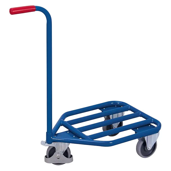 Variofit Transportroller Griffroller mit Stahlrohrladefläche 565x450mm RAL 5010 Enzianblau -  - Blauer Metall-Plattformwagen mit rotem Griff und vier Rollen.