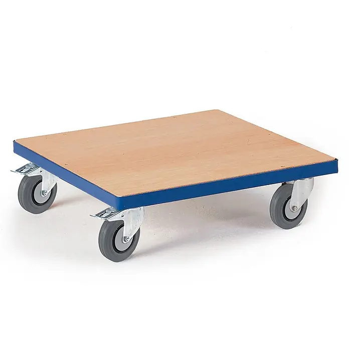 Rollcart Transportroller Kistenroller Vollgummibereifung 700x700mm Ladefläche Holz - L x B x H: 70 cm x 70 cm x 0,01 m - Flachroller aus Holz mit blauem Rand und vier grauen Lenkrollen zum Warentransport.