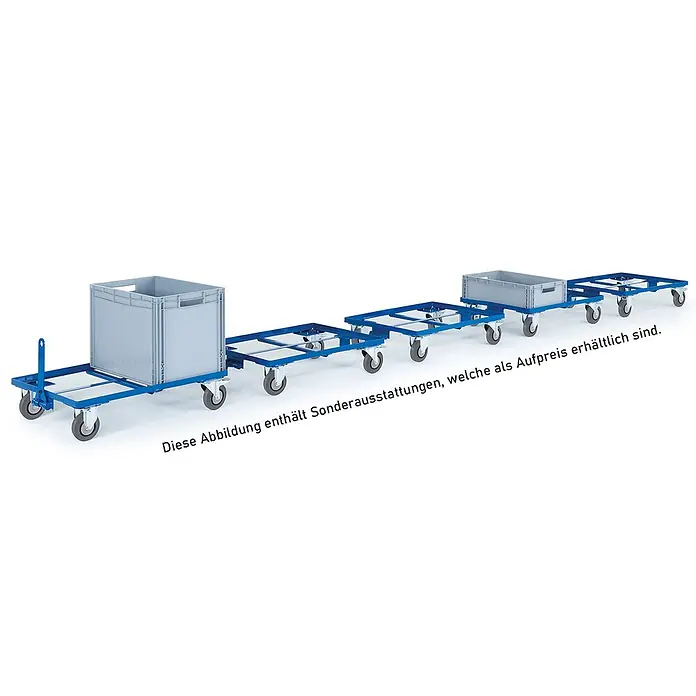 Rollcart Transportroller Fahrrahmen 620x460mm Winkelstahl mit Polyamid-Bereifung und 2 Feststellern - L x B x H: 62 cm x 46 cm x 0,01 m - Ein Zug blauer Industriewagen, teilweise mit grauen Kunststoffkisten beladen, für den Materialtransport.