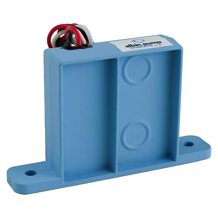 Albin Pump Bilgenpumpen-Schalter - Spannung: 12 V - 24 V - Eine blaue Albin Pump Marine-Pumpe, ideal für Schiffsanwendungen, mit Kabeln und robustem Gehäuse.