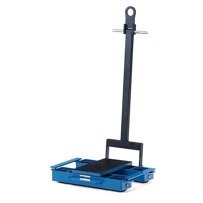 Fetra Transportroller Fahrwerk lenkbar 12t Tragkraft - L x B x H: 101,9 cm x 56,6 cm x 0,01 m - Blauer Schwerlast-Maschinentransportwagen mit schwarzem aufrechtem Griff und Rollen für den Industrieeinsatz.
