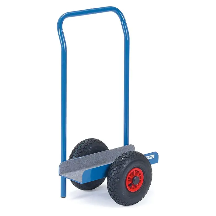Fetra Transportroller Plattenroller in U-Form, mit Klemmbacken, Luft-Bereifung, 30-95 mm Klemmbre -  - Blaue Sackkarre mit grau gefilzter Ladeplatte und schwarzen Luftreifen mit roten Naben.