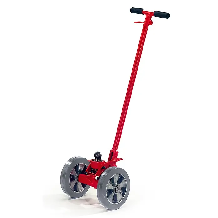 Rollcart Transportroller Heberoller mit Ausklingzug 2000-3000kg Tragkraft Polyurethan - L x B x H: 0,01 cm x 0,01 cm x 0,01 m - Roter zweirädriger Anhängerdolly mit langem Griff, schwarzen Griffen, grauen Rädern und einer schwarzen Anhängerkupplung.