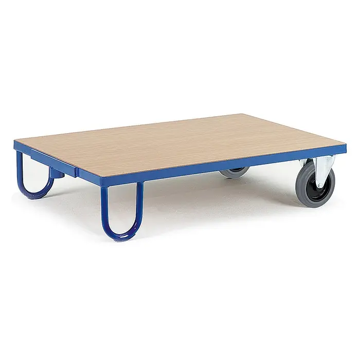 Rollcart Transportroller Rollplatte 600kg Tragkraft 1200x800mm TPE - L x B x H: 120 cm x 80 cm x 0,01 m - Rechteckiger Plattformwagen mit Holzplatte, blauem Metallrahmen, U-Beinen und zwei Lenkrollen.