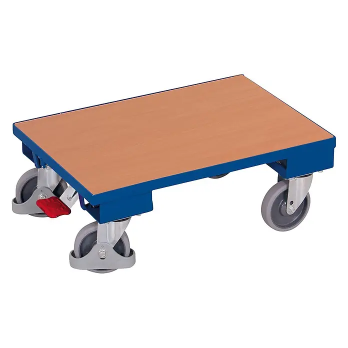 Variofit Transportroller Euro-System-Roller mit Easy Stop, Boden ohne Rand 605x410mm RAL 5010 Enzian -  - Blauer Plattformwagen mit Holzoptik-Platte, grauen Lenkrollen und einer roten Fußbremse.