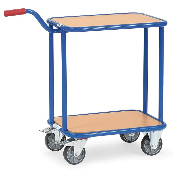Fetra Transportroller Griffrollwagen mit 2 Etagen 250kg Tragkraft KF33 -  - Blauer Metall-Servierwagen mit zwei hellen Holzablagen, rotem Griff und vier Rollen.