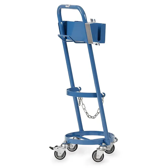 Fetra Transportroller Stahlflaschenroller für 1 Propangasflasche 11 kg Inhalt, Ø 300 mm Schrump - L x B x H: 12 cm x 45,3 cm x 0,01 m - Blauer Metall-Gasflaschenwagen mit Haltekette und vier Lenkrollen.