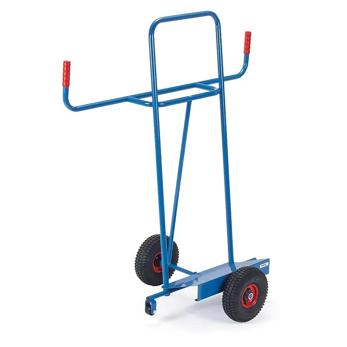 Fetra Transportroller Plattenkarre zum Plattentransport, Vollgummi-Bereifung -  - Blauer Metall-Hubwagen mit roten ergonomischen Griffen, zwei großen Lufträdern und einer kleineren Lenkrolle.