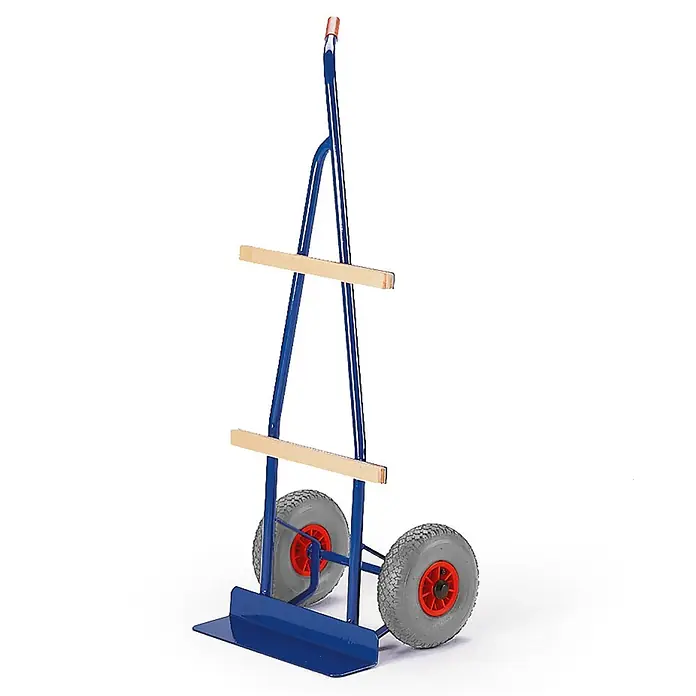 Rollcart Transportroller Plattenkarre zum Quertransport von großflächigen Platten 200kg Tragkraft - L x B x H: 0,01 cm x 0,01 cm x 0,01 m - Blaue Sackkarre mit grauen Rädern und zwei Holzstützstangen.