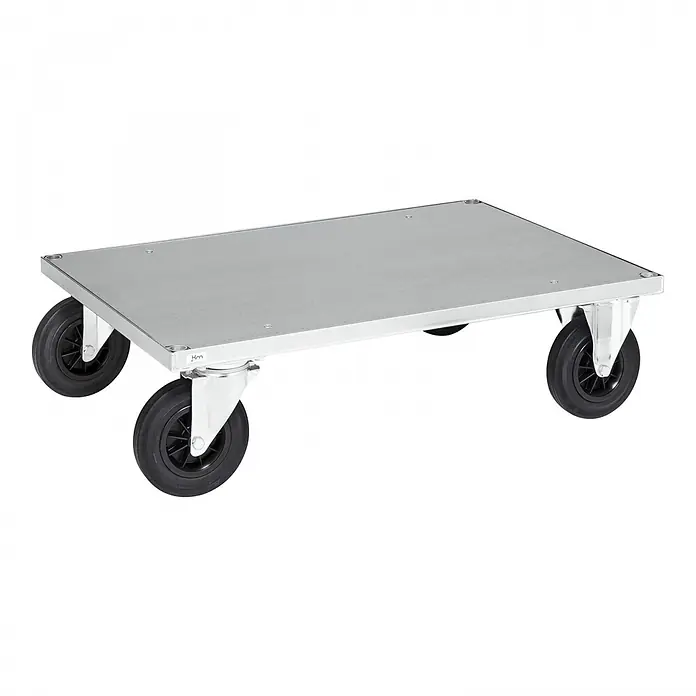 Kongamek Transportroller Plattformwagen, verzinkt mit Ladefläche 1200x800x260mm Gummibereifung und -  - Rechteckiger, silberner Metall-Rollwagen mit vier robusten schwarzen Lenkrollen für schwere Lasten.