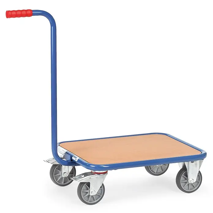 Fetra Transportroller Griffrollwagen 600x500mm Ladefläche KF 2 -  - Blauer Transportwagen mit Holzplattform und rotem Griff.