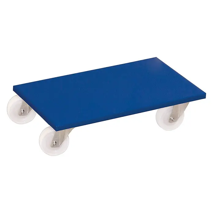 Variofit Transportroller Möbelhund mit Kunststofflenkrollen 2 Stück 500 kg Tragkraft 600x350x145mm -  - Blauer rechteckiger Transportroller mit vier weißen Lenkrollen.