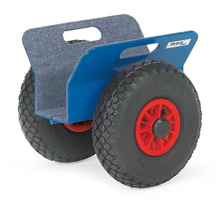 Fetra Transportroller Plattenroller mit Klemmbacken, Luft-Bereifung, 30-95 mm Klemmbreite -  - Blauer zweirädriger Transportroller mit grauer Filzpolsterung und Griffaussparungen, ausgestattet mit großen Lufträdern und roten Naben.