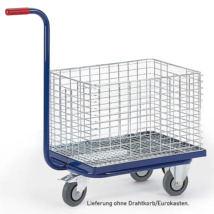 Rollcart Transportroller Dreirad- Griffroller mit Ladefläche 620x460mm für Drahtkorb - L x B x H: 62 cm x 46 cm x 0,01 m - Blauer Transportwagen mit rotem Griff und silbernem Drahtkorb auf Rädern.