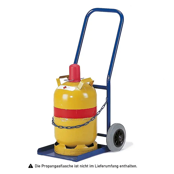 Rollcart Transportroller Propangasflaschenroller 50kg Traglast für 1 Flasche Ø300mm Vollgummi - L x B x H: 0,01 cm x 0,01 cm x 0,01 m - Blauer Metall-Flaschentransportwagen mit Griff, grauen Rädern und blauer Kette, der eine gelbe Gasflasche hält.
