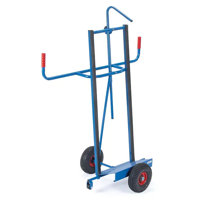 Fetra Transportroller Plattenkarre zum Längstransport von großflächigen Holz- und Kunststoffpl - L x B x H: 50 cm x 68 cm x 0,01 m - Blauer Metall-Fasskarren mit großen Luftreifen, roten Griffen und einer Lenkrolle, zum Transport von Fässern oder schweren Gütern.