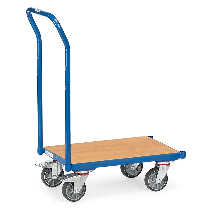 Fetra Transportroller Eurokasten-Roller mit Holzwerkstoffplatte ohne Rand und Schiebebügel -  - Blauer Industriewagen mit Holzplatte und grauen Lenkrollen zum Transport.