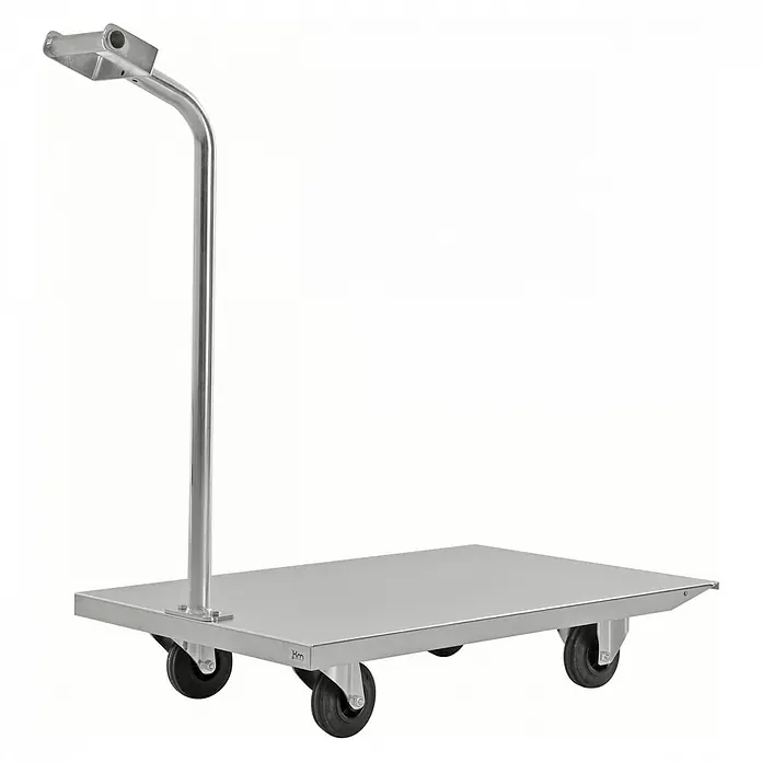 Kongamek Transportroller Griffroller mit verzinktem Boden 750x500mm -  - Edelstahl-Plattformwagen mit hohem Griff und vier schwarzen Rollen.