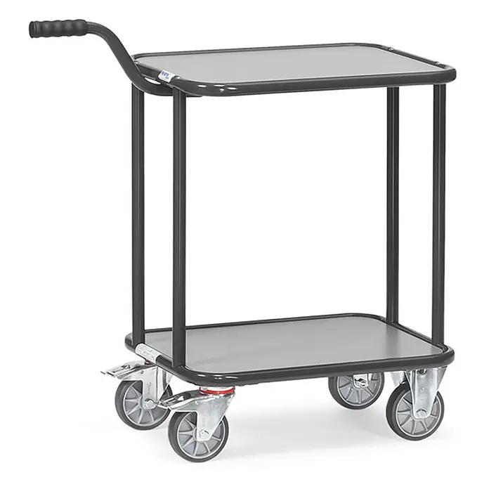 Fetra Transportroller Griffrollwagen 600x450mm Ladefläche Grey Edition -  - Dunkelgrauer zweistöckiger Servierwagen mit schwarzem Griff und vier Rollen zum Transport.