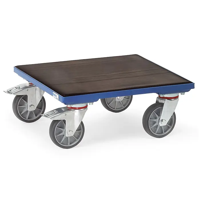 Fetra Transportroller Kistenroller Plattform gummiert 500x500mm Ladefläche KF6G - L x B x H: 50 cm x 50 cm x 0,01 m - Quadratischer blauer Rollwagen mit schwarzer Plattform und vier grauen Lenkrollen, zwei davon mit Bremsen.