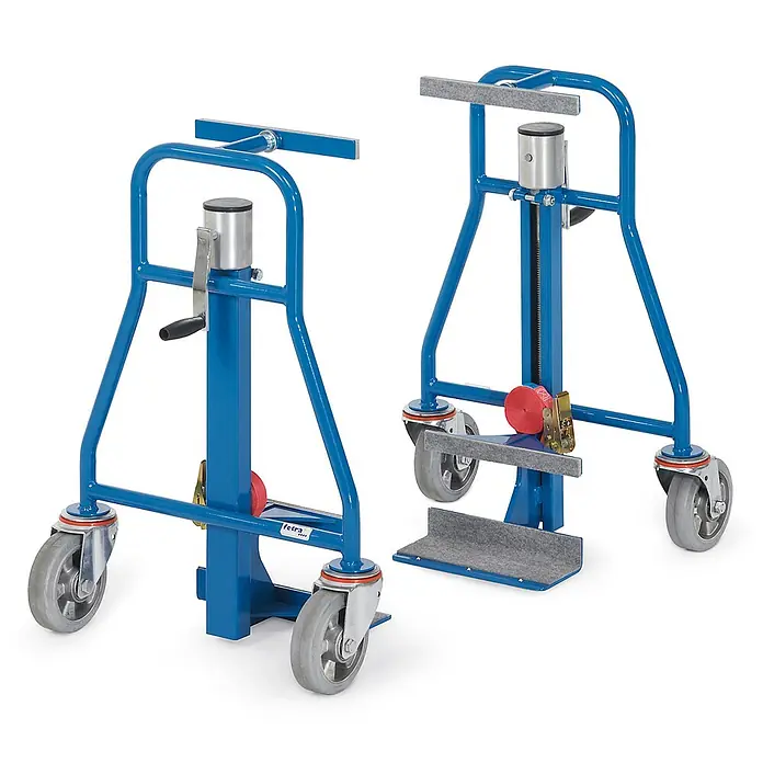 Fetra Transportroller Möbelhubroller-Set Vollgummi 600kg Tragkraft -  - Zwei blaue Hebewagen aus Metall mit Kurbeln und grauen Rollen zum Bewegen schwerer Gegenstände.