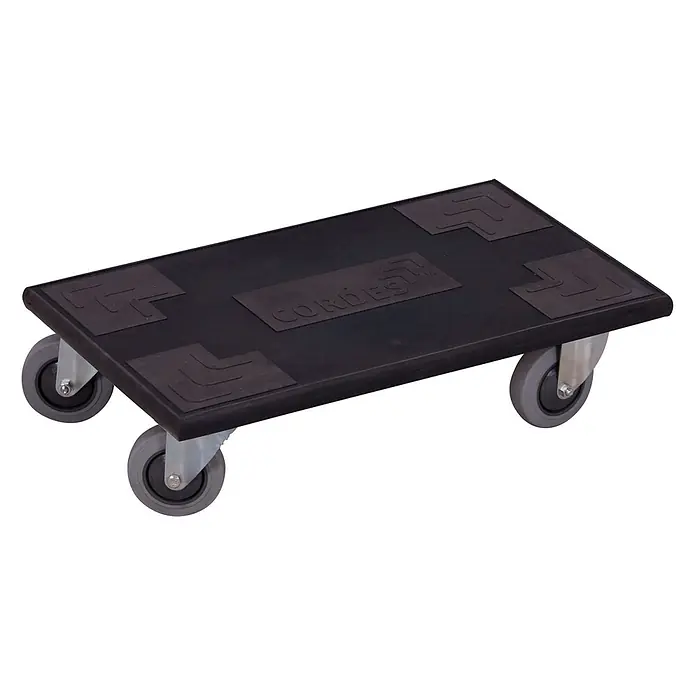 Variofit Transportroller Möbelhund Europa mit thermoplastischer Bereifung - Premium - Schwarzer rechteckiger Möbelroller mit "CORDES"-Logo, vier grauen Rollen und Antirutschpads.
