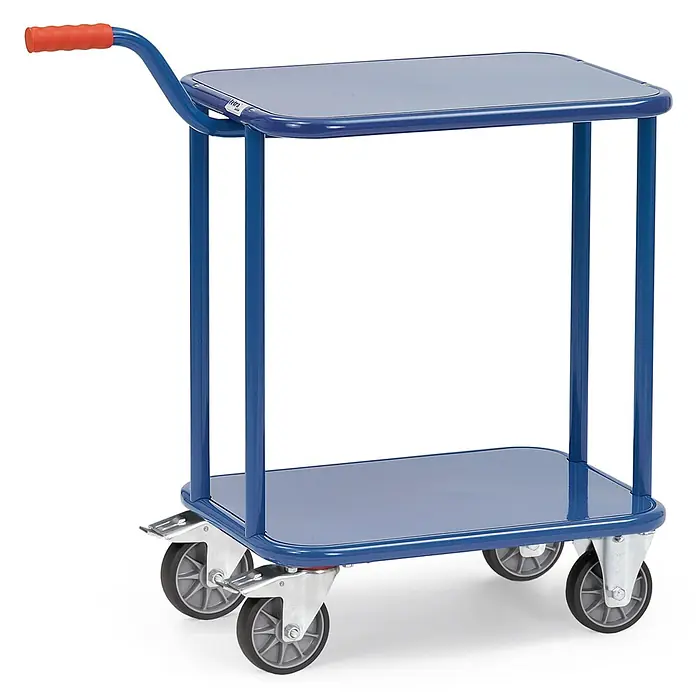 Fetra Transportroller Griffrollwagen 600x450mm Ladefläche KF99 -  - Blauer zweistöckiger Servierwagen mit orangefarbenem Griff und vier Rollen.