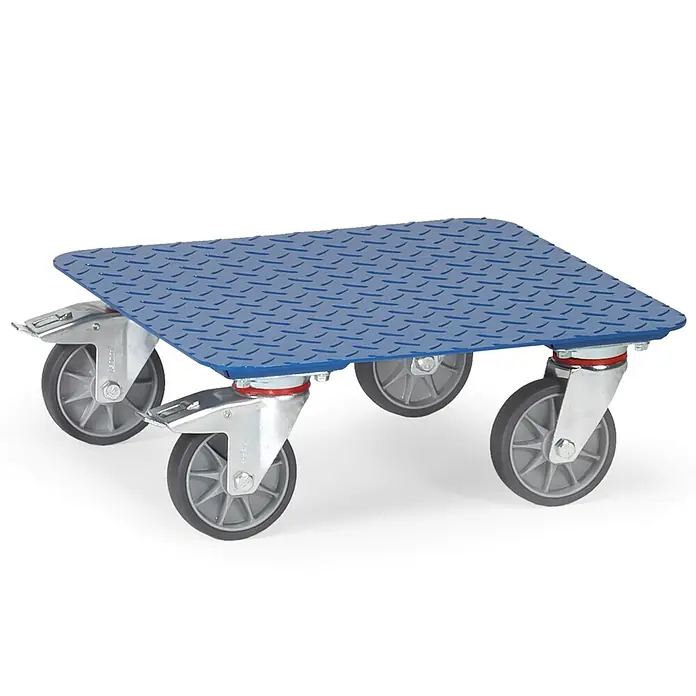 Fetra Transportroller Kistenroller Stahl-Tränenblech 500x500mm Ladefläche KF7 - L x B x H: 90 cm x 50 cm x 0,01 m - Blaue Riffelblech-Transportplattform mit grauen Rollen, zwei davon mit Bremsen, zum Bewegen schwerer Gegenstände.