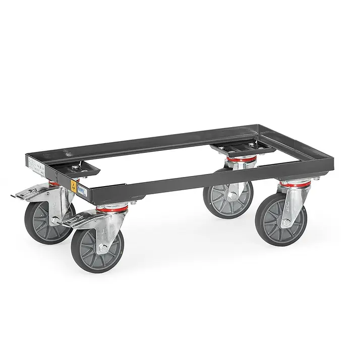Fetra Transportroller ESD-Eurokasten-Roller mit offenem Rahmen -  - Dunkelgraues Transportfahrgestell aus Stahl mit vier grauen Lenkrollen.