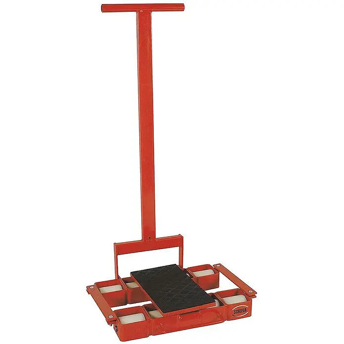 Schefer Transportroller Transportfahrwerk TF Premium Tragkraft 6,0t - L x B x H: 56 cm x 33,8 cm x 0,01 m - Roter industrieller Gerätetransportwagen mit T-Griff und schwarzer, texturierter Plattform.