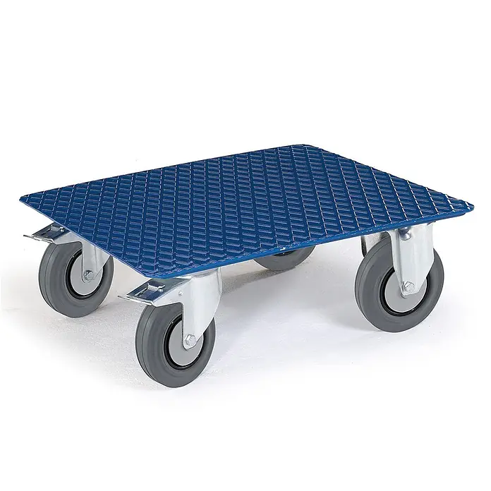 Rollcart Transportroller Kistenroller Vollgummibereifung 500x500mm Ladefläche Riffelblech -  - Blaue Riffelblech-Plattform mit vier grauen Rollen.
