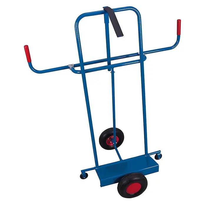 Variofit Transportroller Plattenkarre zum Längstransport mit variabler Plattensicherung und Luftber -  - Blauer Metall-Transportkarren mit roten Griffen, schwarzen Rädern und Sicherungsgurt.