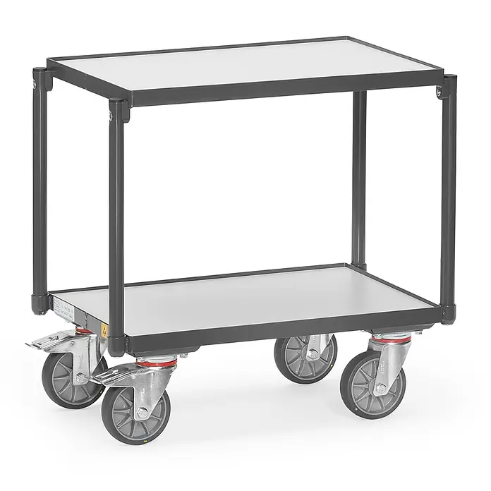 Fetra Transportroller ESD-Eurokasten-Roller mit Bodenplatte, mit Rand 7 mm 2 Etagen -  - Zweistöckiger Servierwagen mit dunkelgrauem Rahmen und weißen Ablagen, ausgestattet mit vier Lenkrollen für leichte Mobilität.
