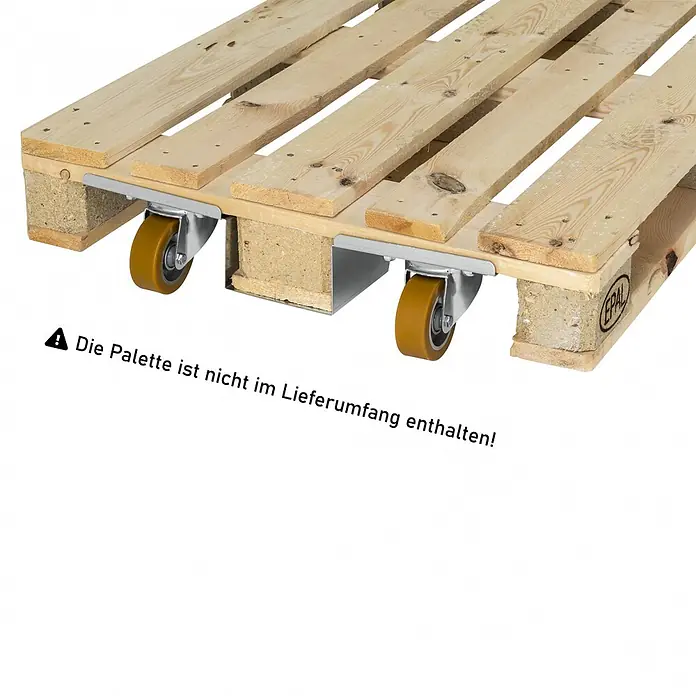 Kongamek Transportroller Palettenroller verzinkt mit 2000kg Tragkraft für Euro-Paletten 1200x800mm -  - Gelb-braune Lenkrollen mit silbernen Halterungen an einer Holzpalette befestigt.