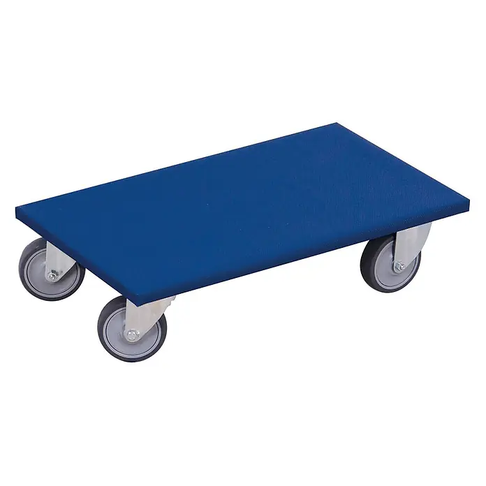 Variofit Transportroller Möbelhund mit thermoplastischer Bereifung 2 Stück 300 kg Tragkraft 600x35 -  - Blauer, rutschfester Möbelhund mit vier grauen Rollen und Metalllenkrollen zum einfachen Bewegen.