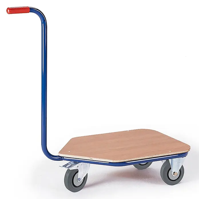 Rollcart Transportroller Dreirad- Griffroller mit Ladefläche 600x450mm im Buchendekor - L x B x H: 60 cm x 45 cm x 0,01 m - Blauer Plattformwagen aus Metall mit rechteckiger Holzplatte, rotem Griff und vier grauen Lenkrollen.