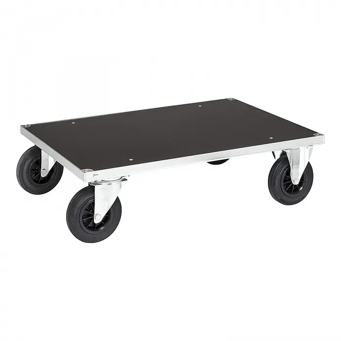 Kongamek Transportroller Plattformwagen, verzinkt mit Ladefläche aus MDF 1000x700x260mm Gummibereif -  - Schwarzer Transportroller mit silbernem Metallrahmen und vier schwarzen Rädern zum Bewegen von Objekten.