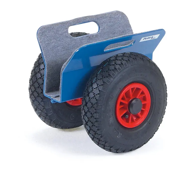 Fetra Transportroller Plattenroller mit Klemmbacken, Luft-Bereifung -  - Blauer zweirädriger Transportwagen mit roten Naben, schwarzen Luftreifen und grauer Filzpolsterung für sicheren Transport.