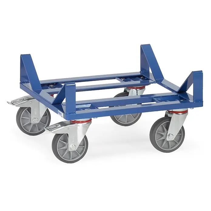 Fetra Transportroller Ballenroller 500x500mm Ladefläche KF8 -  - Blauer Metall-Transportroller mit vier Lenkrollen, zwei davon mit Bremsen, und V-förmigen Stützen für zylindrische Güter.