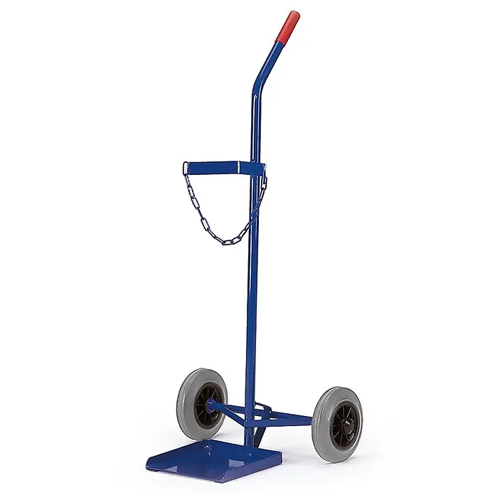 Rollcart Sackkarre Stahlflaschenroller 100kg Traglast für eine 40-50l Flasche Luftbereifung - Traglast: 100 kg - Blauer Metall-Gasflaschenwagen mit rotem Griff, zwei grauen Rädern, Bodenplatte und Sicherungskette.