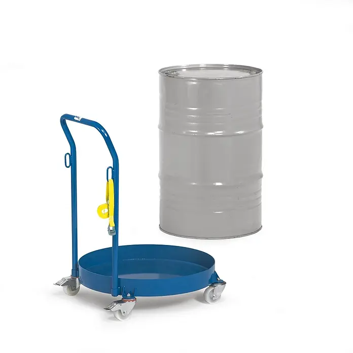 Fetra Transportroller Fassroller, mit öldichter Stahlblechwanne und Rohrschiebebügel - L x B x H: 137,3 cm x 0,01 cm x 0,01 m - Blaue Fasskarre mit Griff und gelbem Gurt, neben einem grauen Industriefass.