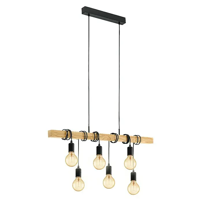 Eglo Townshend Lámpara colgante - An x Al: 10 x 110 cm, Negro, 360 W - Una lámpara colgante con seis bombillas Edison, suspendidas de una viga de madera con herrajes negros. Ideal para darle un toque rústico a cualquier estancia.