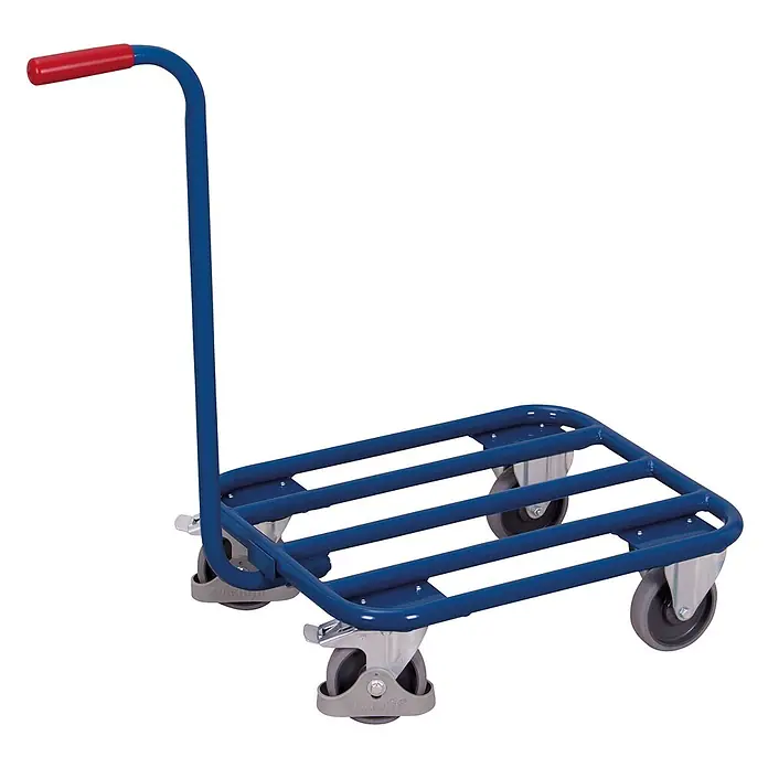 Variofit Transportroller Griffroller mit Stahlrohrladefläche 605x500mm RAL 5010 Enzianblau -  - Blauer Metall-Transportwagen mit rotem Griff und vier grauen Rädern.