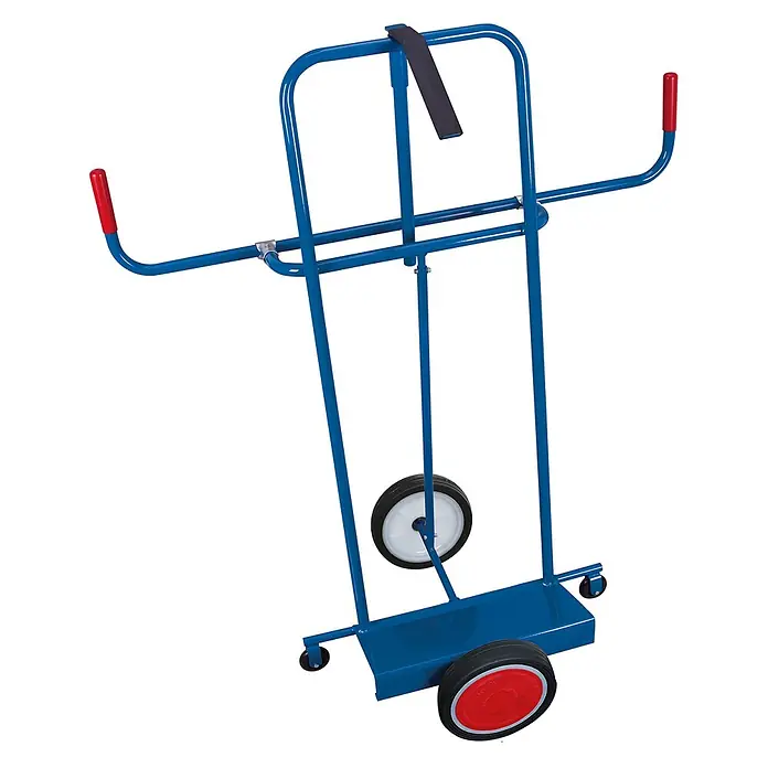 Variofit Transportroller Plattenkarre zum Längstransport mit variabler Plattensicherung und Vollgum -  - Blauer Rohrstahl-Sackkarre mit roten Griffen, schwarzem Gurt und mehreren Rädern zum Transport.