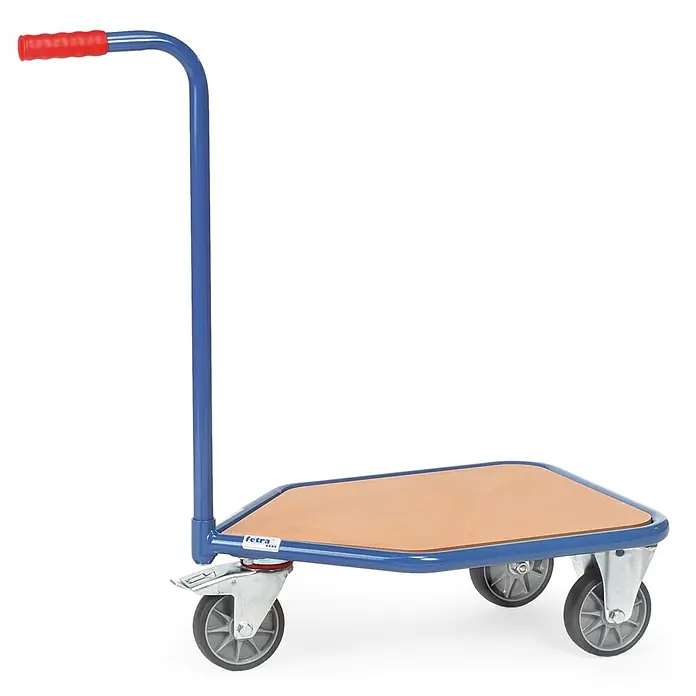 Fetra Transportroller Griffrollwagen 600x450mm Ladefläche KF 23 -  - Blauer Plattformwagen mit Holz-Ladefläche und rotem Griff.